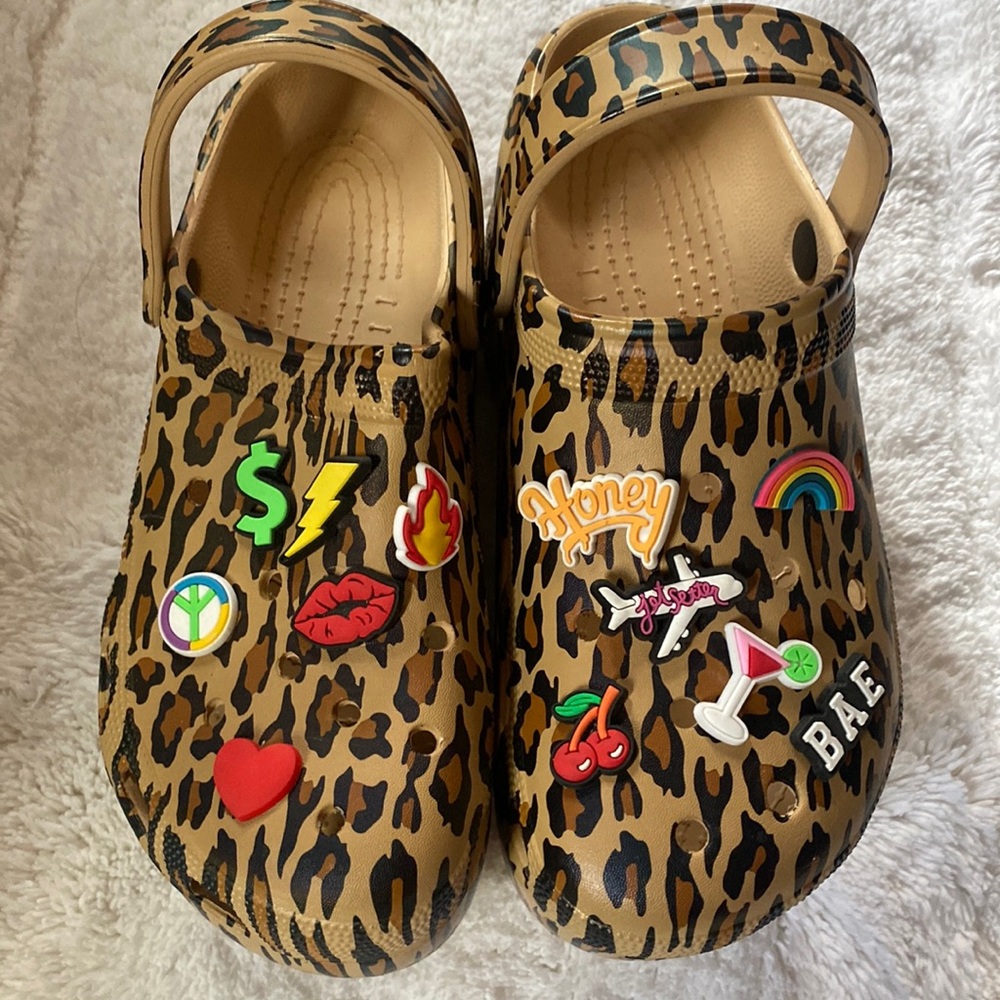Leopard Print Platform Clogs for Women with 12 charms 
US size 7 1/2